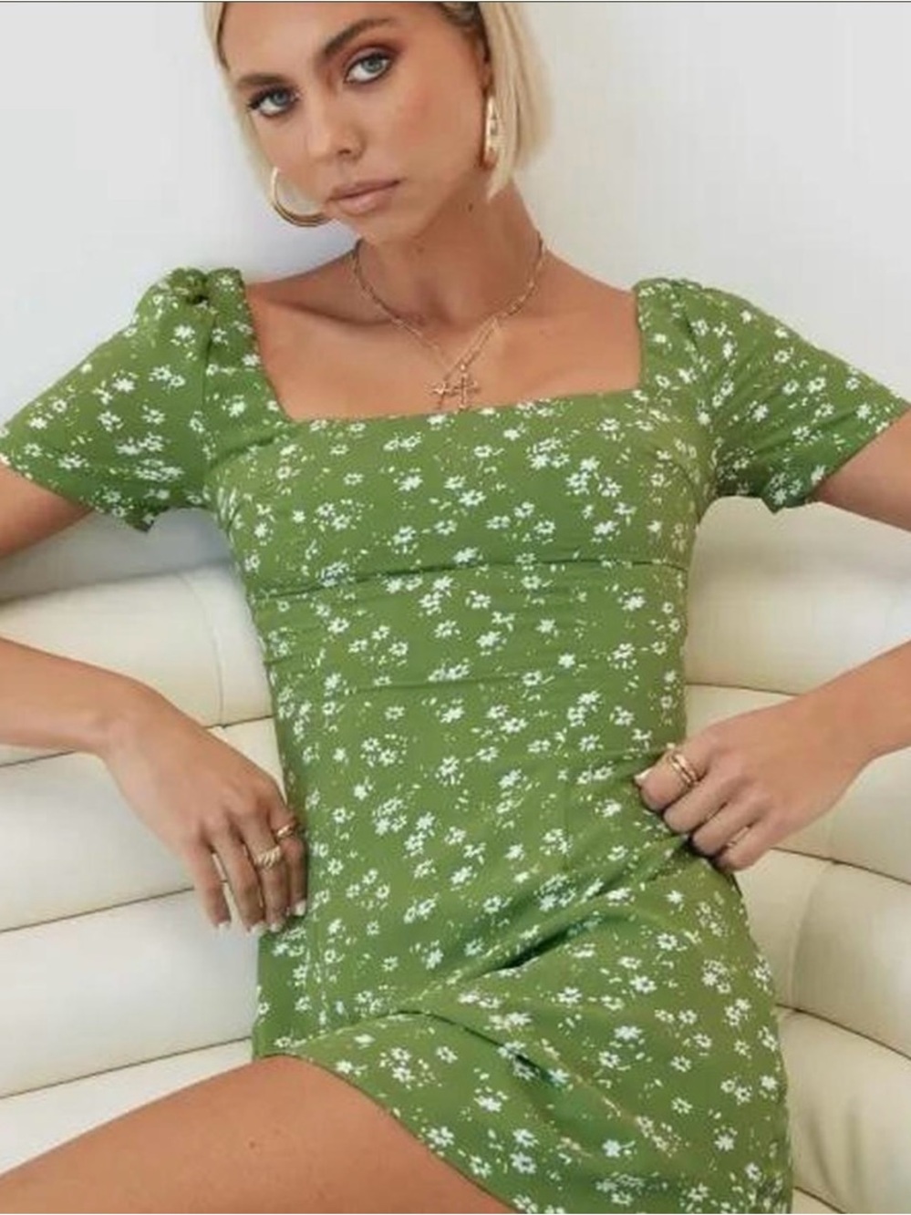 Square Neck Green Floral Mini Dress - princess polly